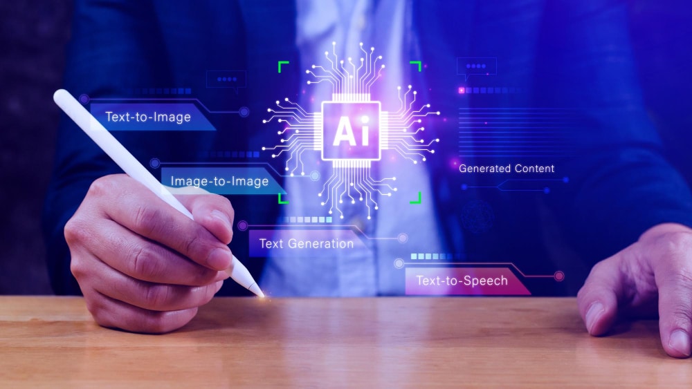 Persona interactuando con gráficos de inteligencia artificial que muestran funciones como texto a imagen y texto a voz, esenciales para crear una página web con IA.